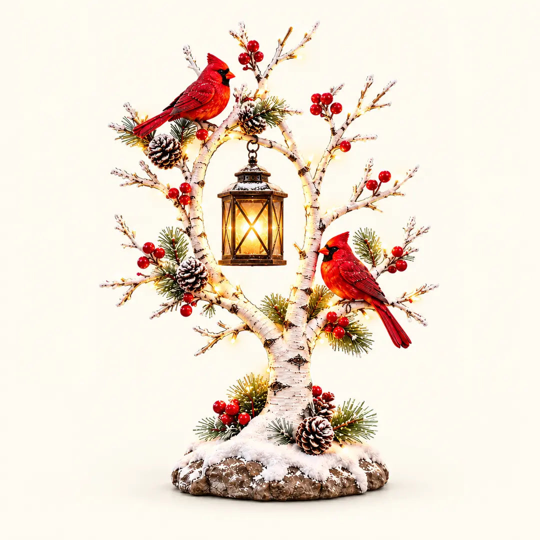 Illustrative mockup of a compact snowy cardinal birch-style tree with two red birds and a glowing lantern