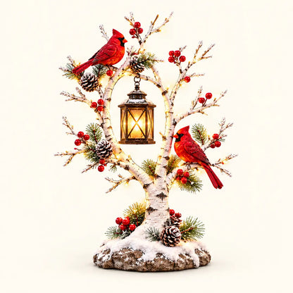 Illustrative mockup of a compact snowy cardinal birch-style tree with two red birds and a glowing lantern