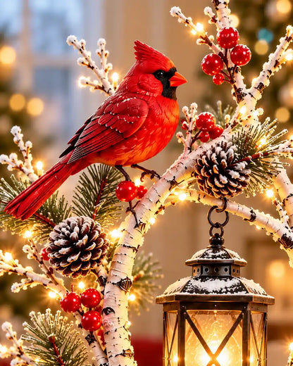Lighted Snowy Birch Tree with Red Cardinals and Hanging Lantern — detail
