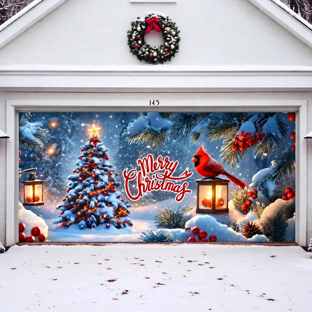 Cardinal's Christmas garage door cover illustrative mockup on a wide garage door