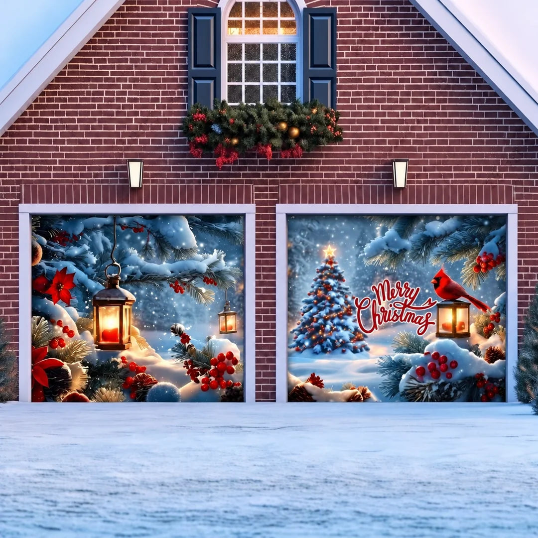 Cardinal's Christmas garage door cover illustrative mockup on two garage doors
