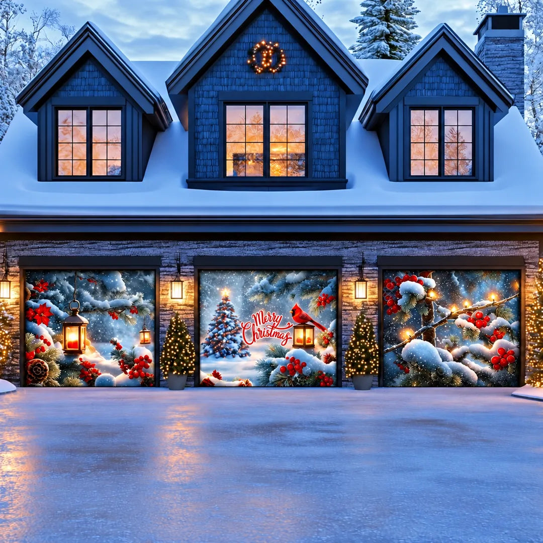 Cardinal's Christmas garage door cover illustrative mockup on a three-door garage