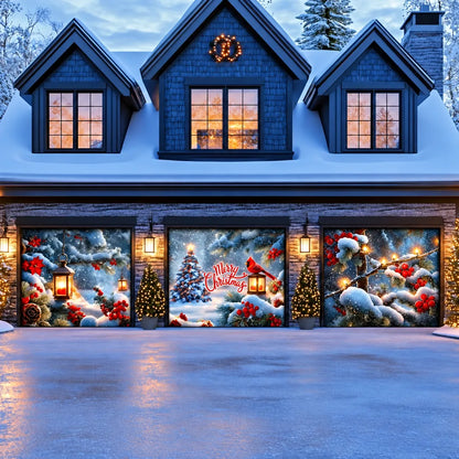 Cardinal's Christmas garage door cover illustrative mockup on a three-door garage