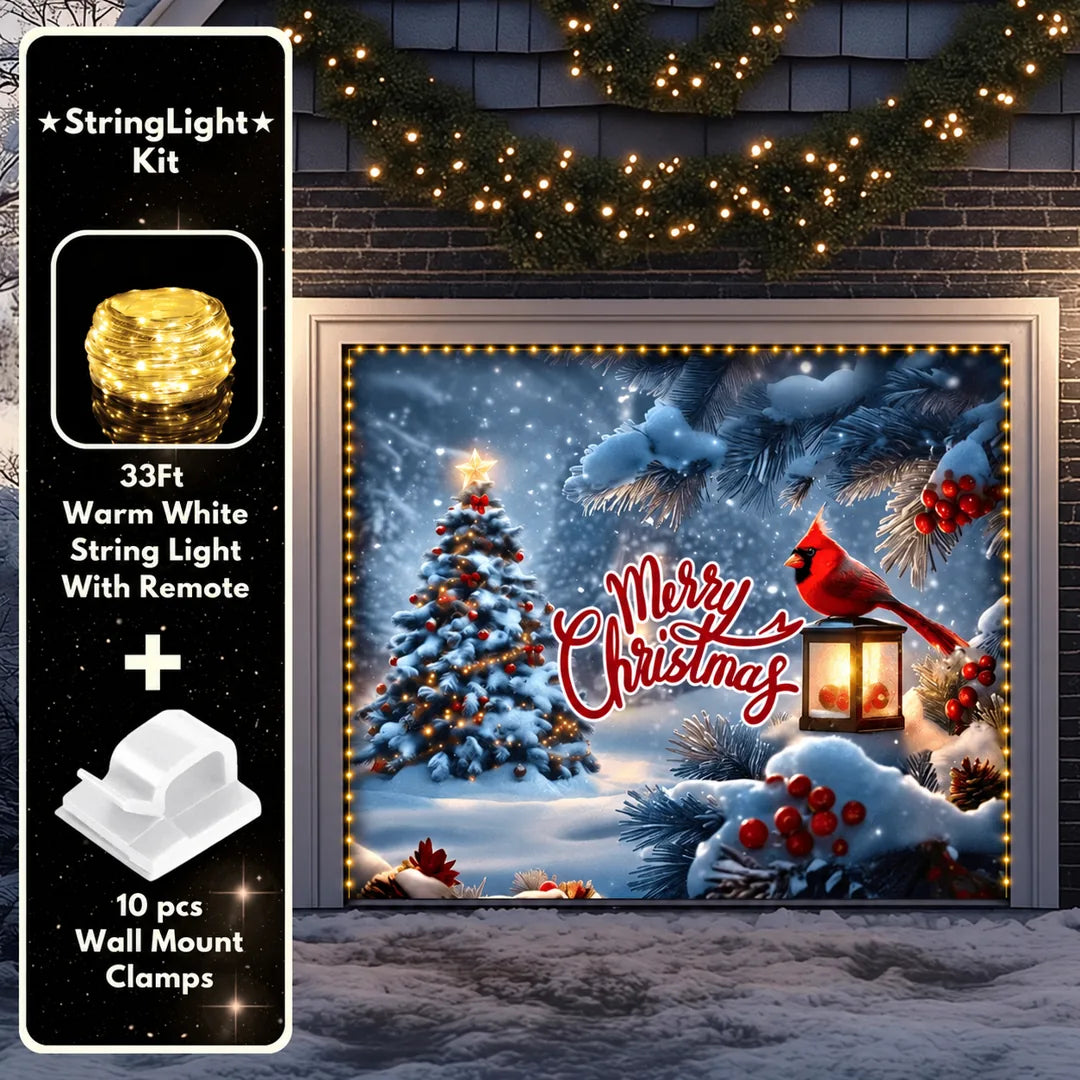 Cardinal's Christmas garage door cover illustrative mockup on a single garage door with the optional string light kit