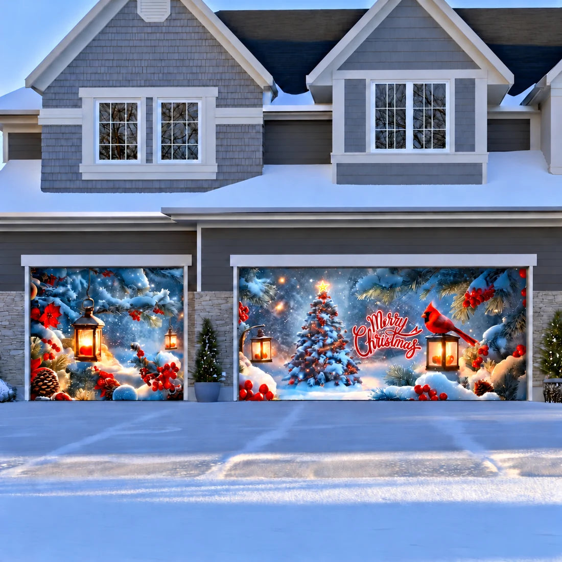 Illustrative Cardinal's Christmas garage door cover single and double-door layout