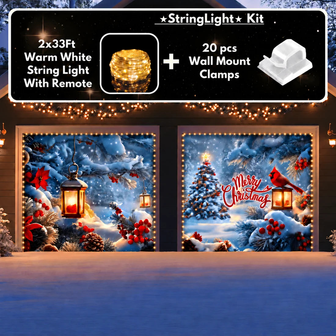 Illustrative Cardinal's Christmas garage door cover two-door layout with optional string light kit