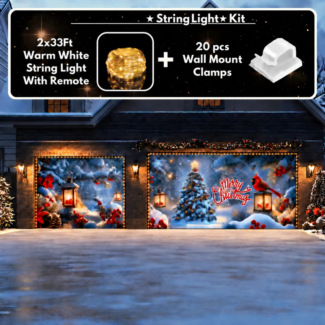 Illustrative Cardinal's Christmas garage door cover single and double-door layout with optional string light kit