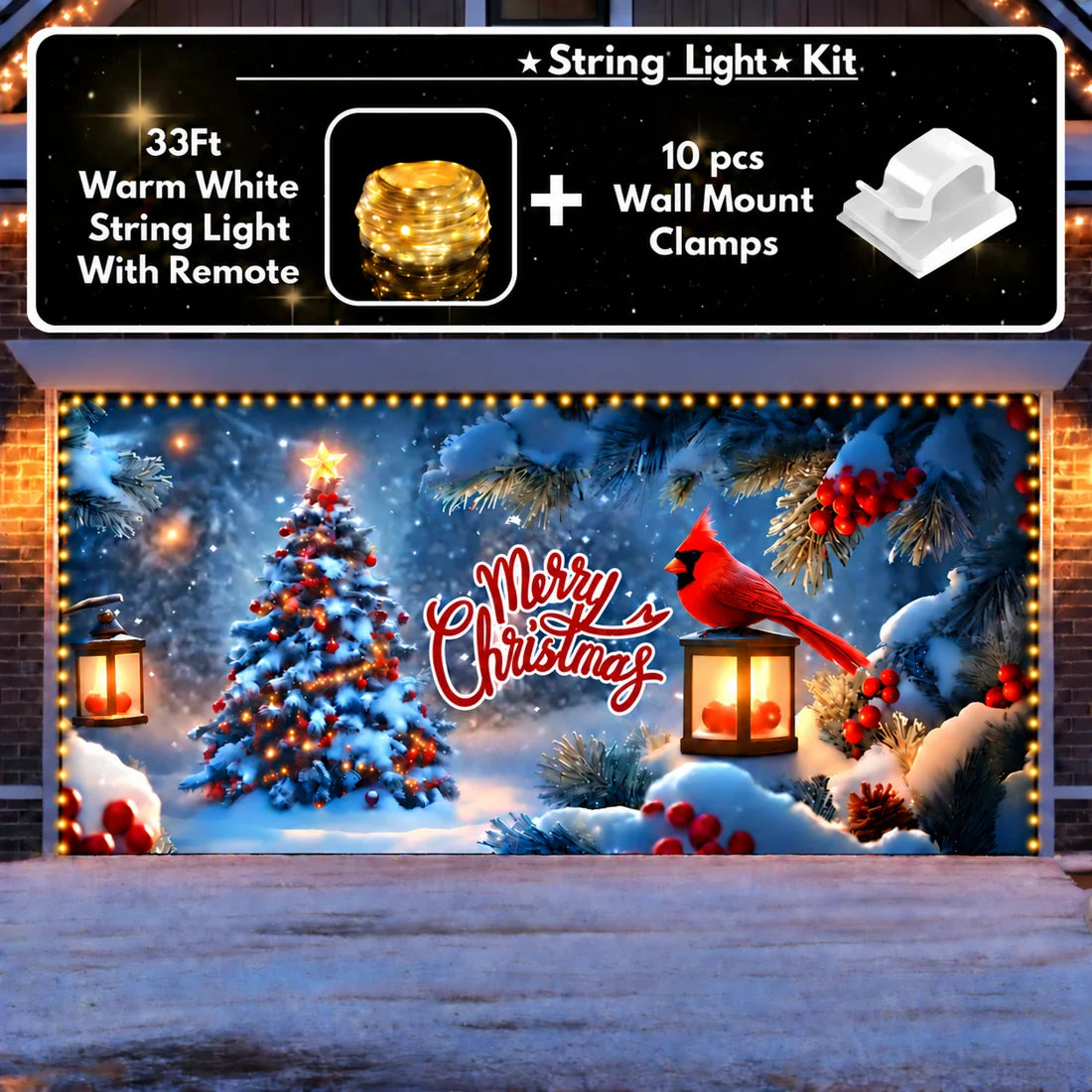 Illustrative Cardinal's Christmas garage door cover double-door layout with optional string light kit