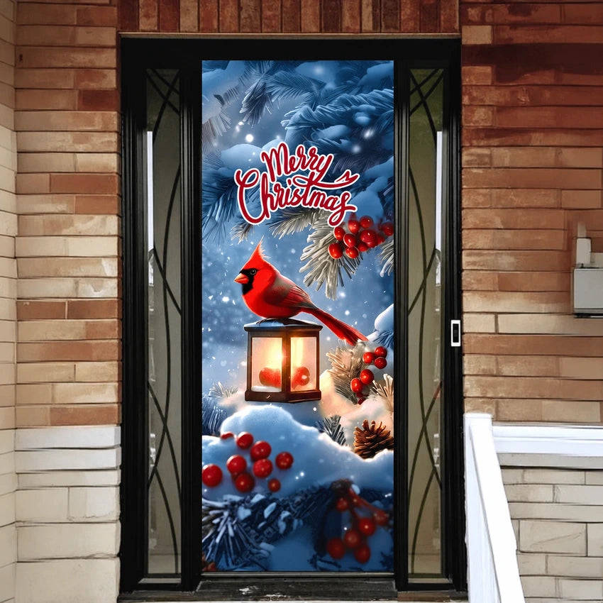 Cardinal’s Christmas front door cover on a brick entrance.
