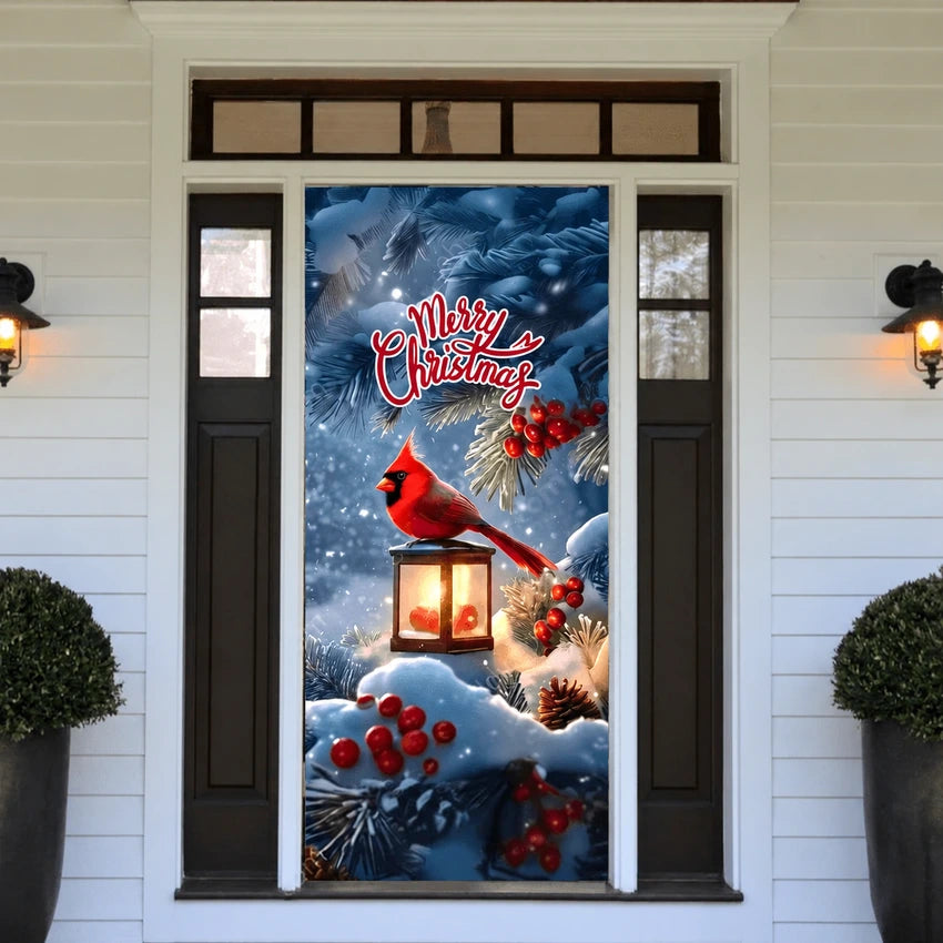 Cardinal’s Christmas front door cover on a light-colored entrance.