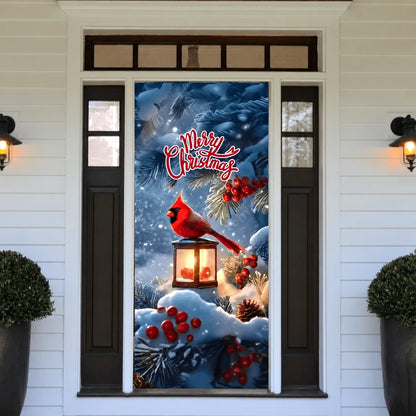 Cardinal’s Christmas front door cover on a light-colored entrance.