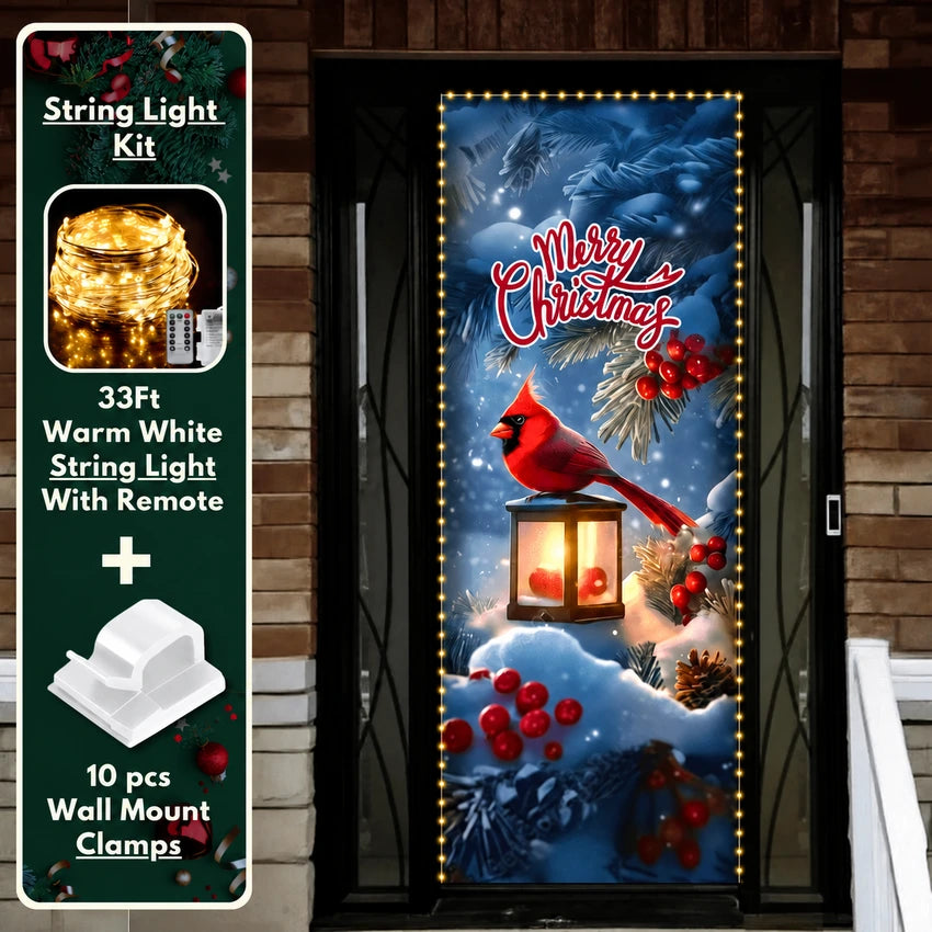 Cardinal’s Christmas front door cover on a brick entrance with optional string light kit illustrated.