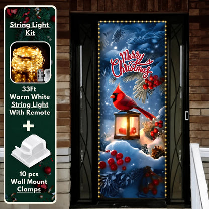 Cardinal’s Christmas front door cover on a brick entrance with optional string light kit illustrated.