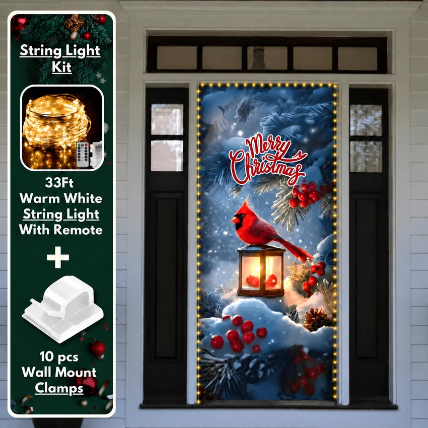 Cardinal’s Christmas front door cover on a light-colored entrance with optional string light kit illustrated.