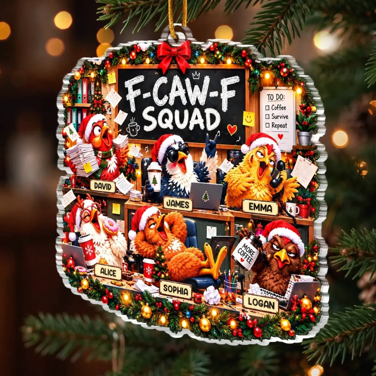 Personalized chicken coworker ornament with nameplates, coffee cups and festive office details among evergreen branches.