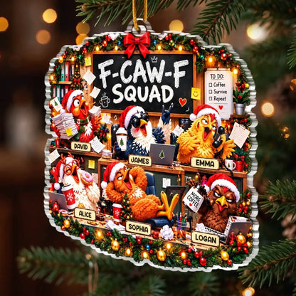 Personalized chicken coworker ornament with nameplates, coffee cups and festive office details among evergreen branches.