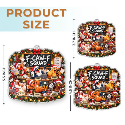 Chicken coworker ornament size guide showing 3.7, 4.5 and 5.5 inch options.