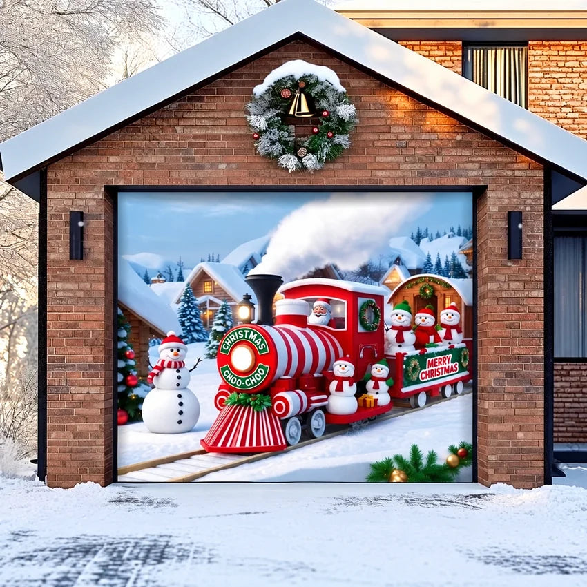 Christmas Choo-Choo garage door cover shown on a single garage door