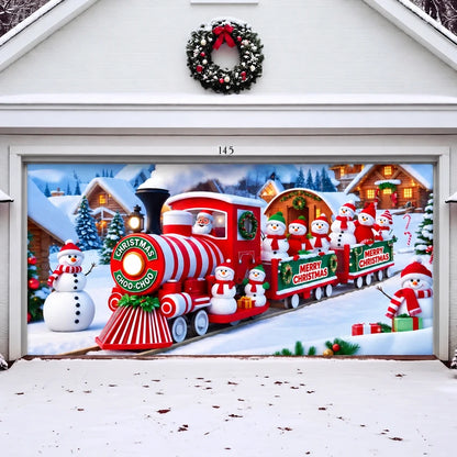 Christmas Choo-Choo garage door cover shown on a wide garage door