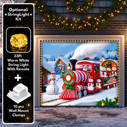 Christmas Choo-Choo garage door cover shown on a single garage door with the optional string light kit