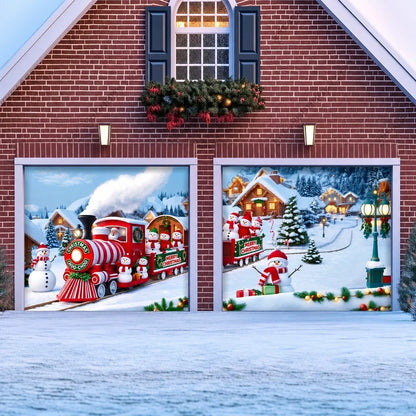 Christmas Choo-Choo garage door cover shown on two garage doors
