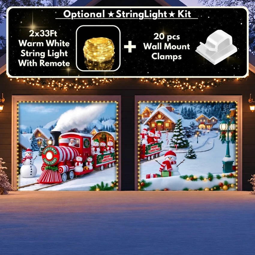 Christmas Choo-Choo garage door cover shown on two garage doors with the optional string light kit