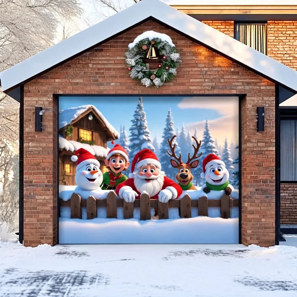 Illustrative Christmas Crew garage cover shown on a single garage door without optional string lights