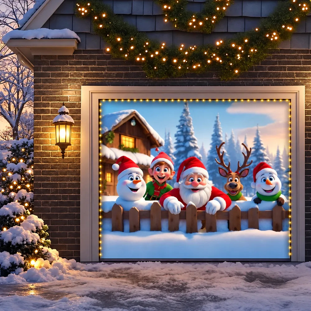 Illustrative Christmas Crew garage cover on a single door with optional string lights