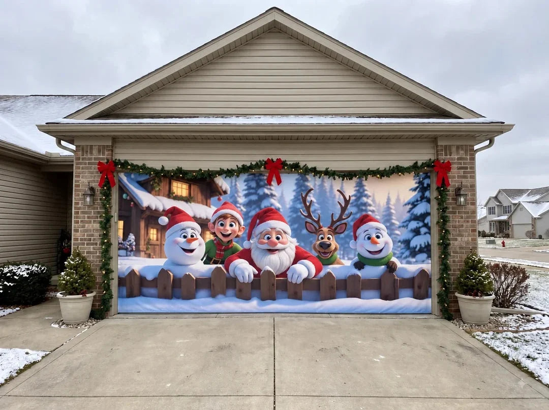Christmas Crew garage door cover on a wide garage door in daylight