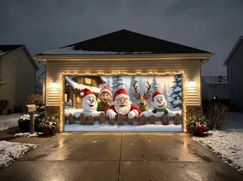 Christmas Crew garage door cover on a wide garage door with optional string lights