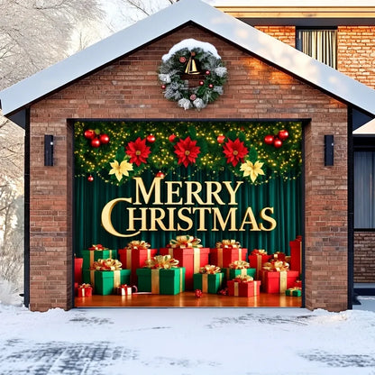 Illustrative Christmas Joy Christmas garage door cover showing a gold Merry Christmas greeting and colorful presents, single-door view.