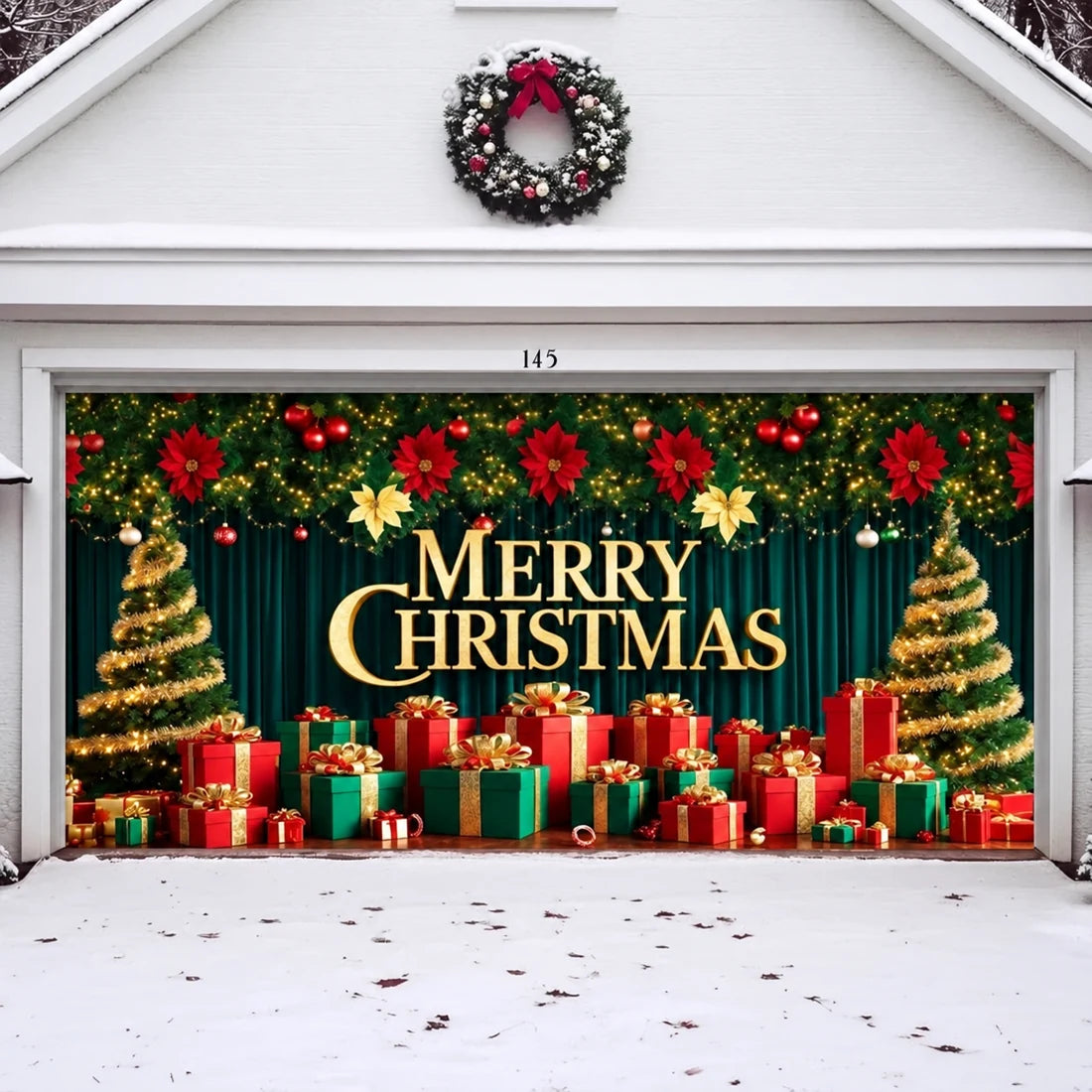 Illustrative Christmas Joy Christmas garage door cover showing a gold Merry Christmas greeting and colorful presents, artwork detail.