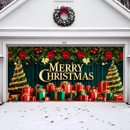 Illustrative Christmas Joy Christmas garage door cover showing a gold Merry Christmas greeting and colorful presents, artwork detail.