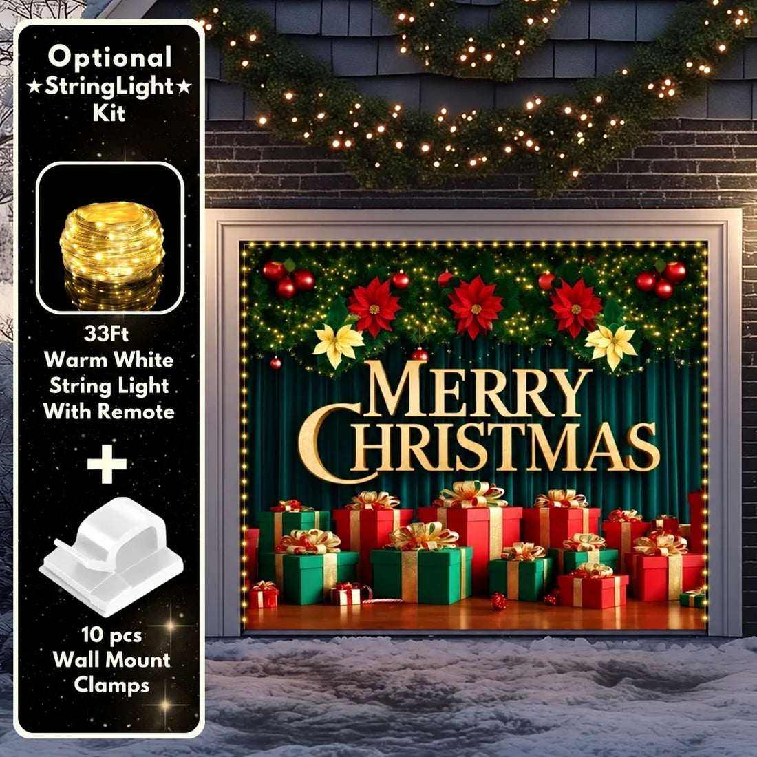 Illustrative Christmas Joy Christmas garage door cover showing a gold Merry Christmas greeting and colorful presents, single-door view with optional string lights.