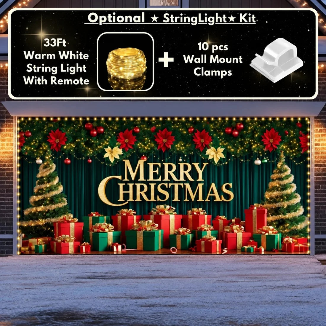 Illustrative Christmas Joy Christmas garage door cover showing a gold Merry Christmas greeting and colorful presents, double-door view with optional string lights.