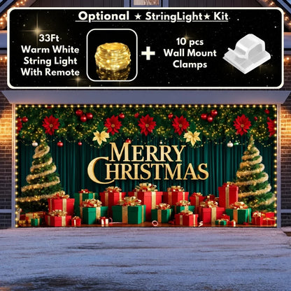 Illustrative Christmas Joy Christmas garage door cover showing a gold Merry Christmas greeting and colorful presents, double-door view with optional string lights.