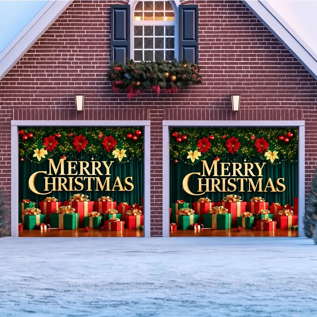 Illustrative Christmas Joy Christmas garage door cover showing a gold Merry Christmas greeting and colorful presents, two-door layout.