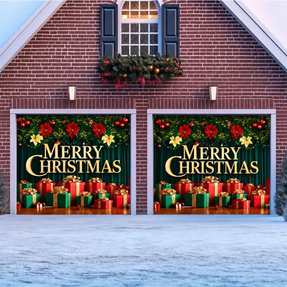 Illustrative Christmas Joy Christmas garage door cover showing a gold Merry Christmas greeting and colorful presents, two-door layout.