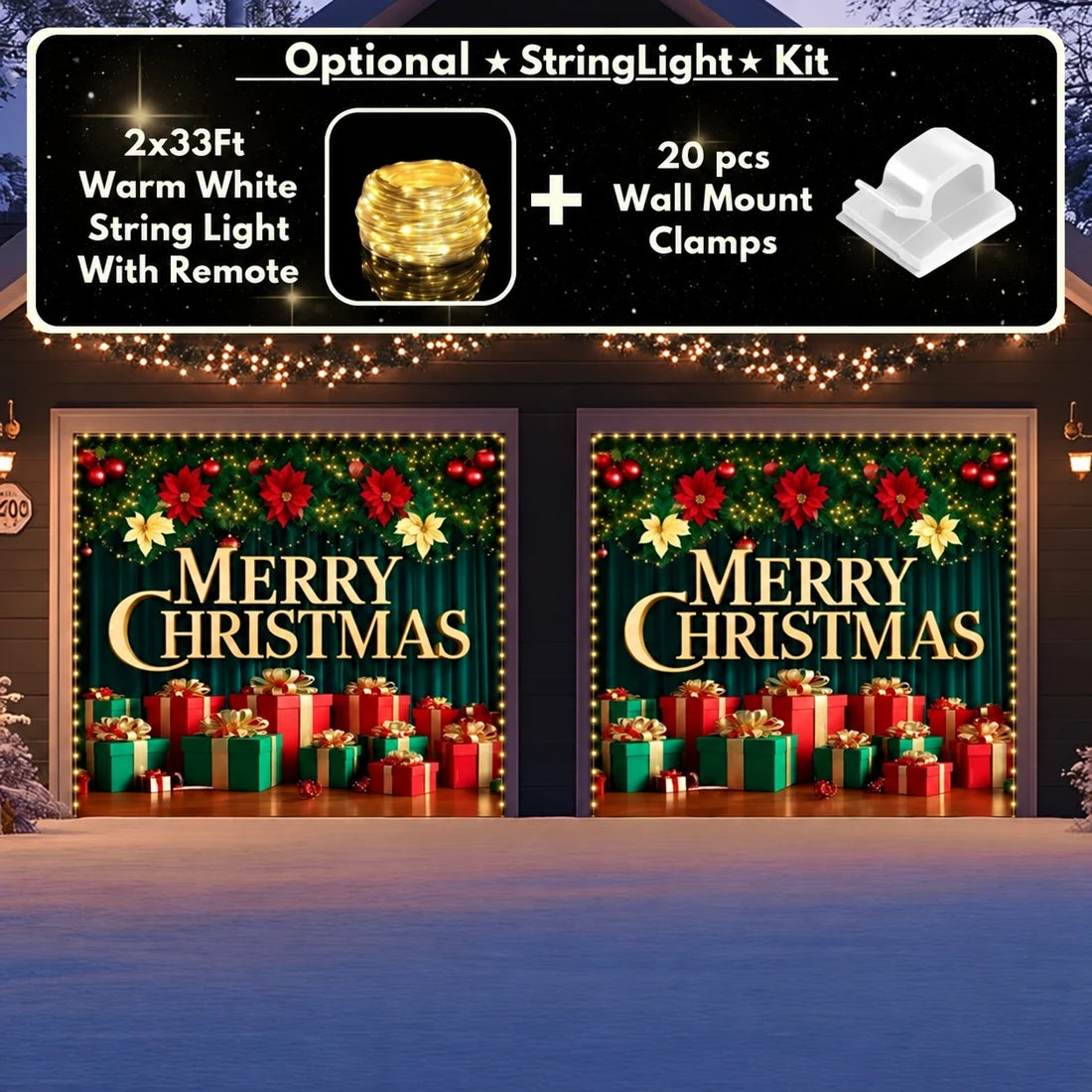 Illustrative Christmas Joy Christmas garage door cover showing a gold Merry Christmas greeting and colorful presents, two-door layout with optional string lights.