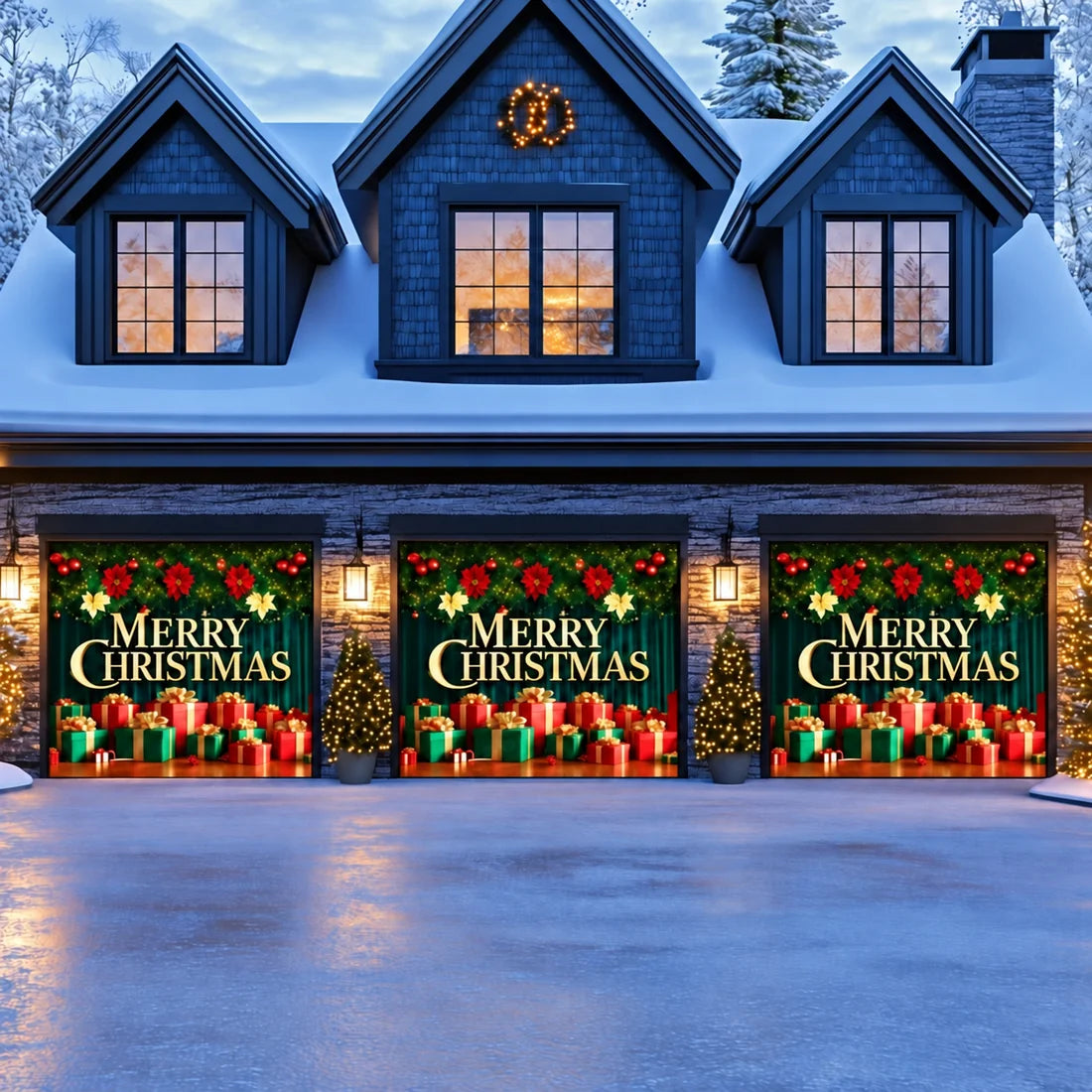 Illustrative Christmas Joy Christmas garage door cover showing a gold Merry Christmas greeting and colorful presents, three-door layout.