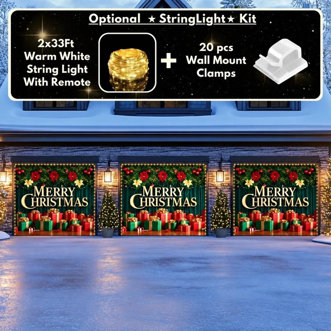 Illustrative Christmas Joy Christmas garage door cover showing a gold Merry Christmas greeting and colorful presents, three-door layout with optional string lights.