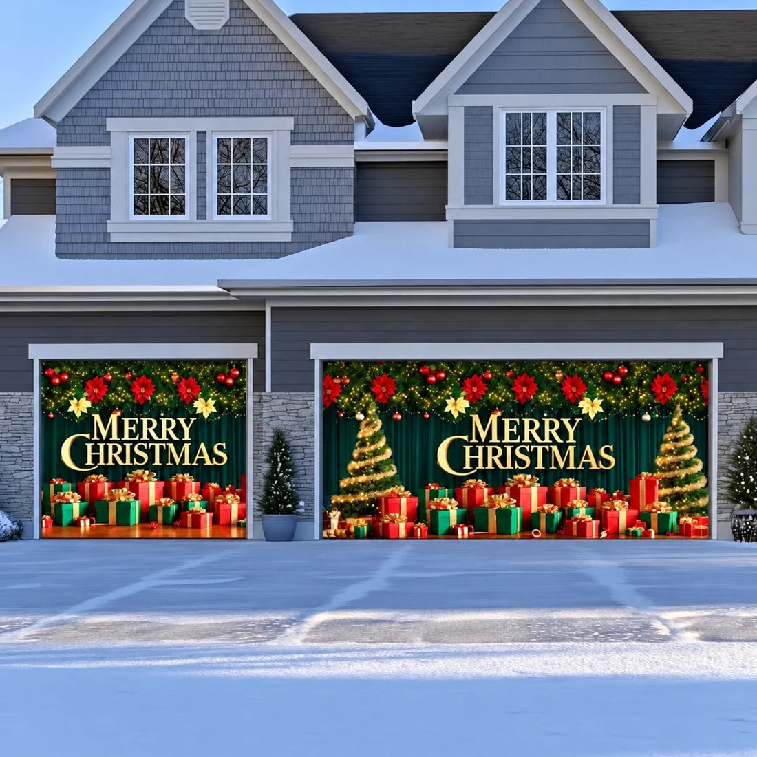 Illustrative Christmas Joy Christmas garage door cover showing a gold Merry Christmas greeting and colorful presents, double-plus-single layout.