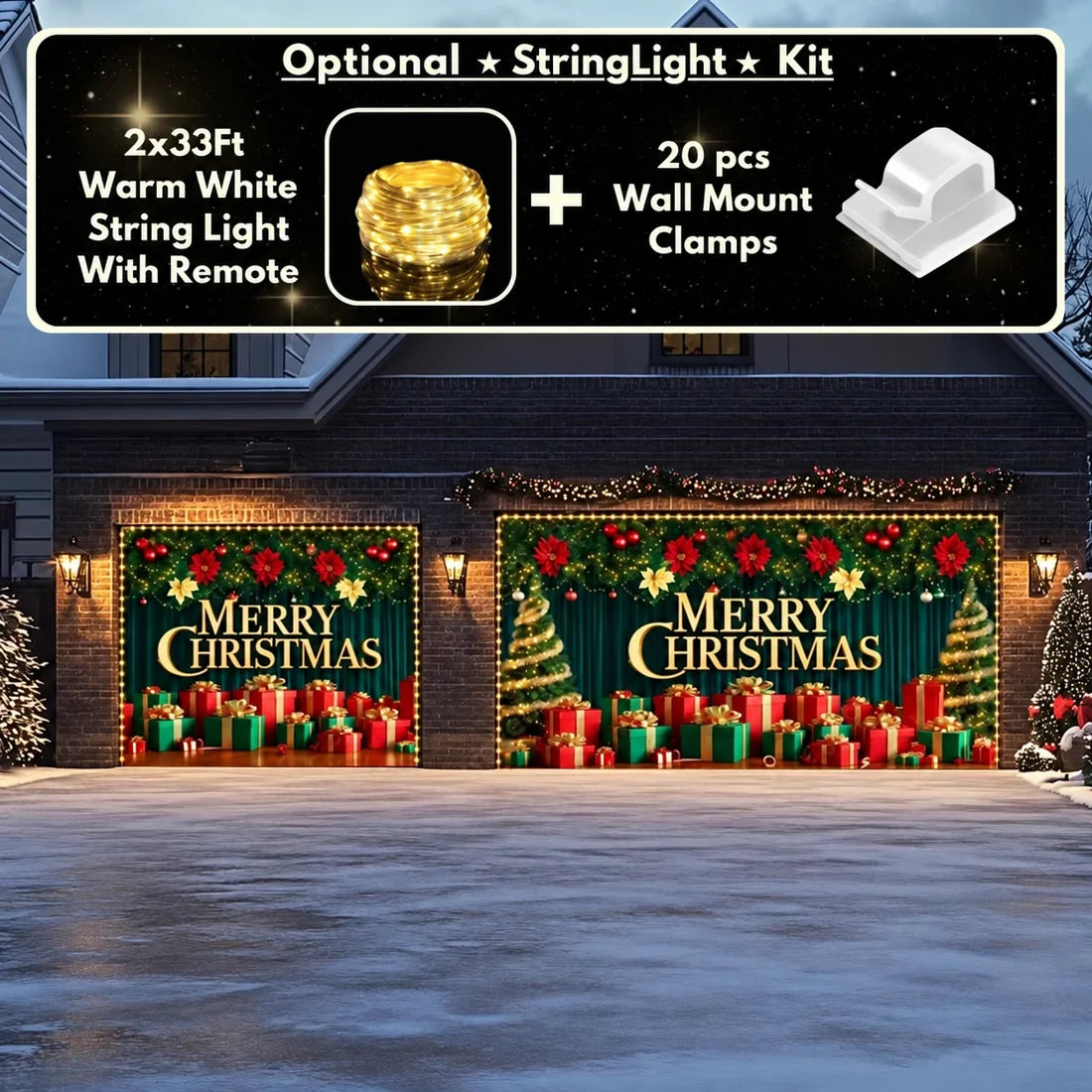 Illustrative Christmas Joy Christmas garage door cover showing a gold Merry Christmas greeting and colorful presents, double-plus-single layout with optional string lights.