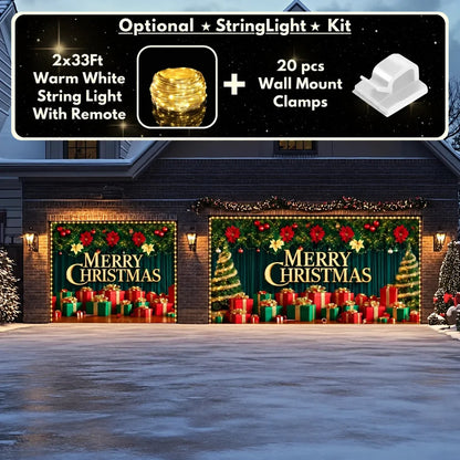 Illustrative Christmas Joy Christmas garage door cover showing a gold Merry Christmas greeting and colorful presents, double-plus-single layout with optional string lights.