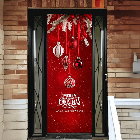 Christmas Ornaments front door cover on a brick entrance.