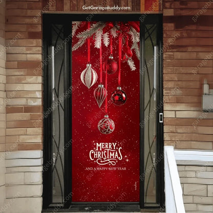 Christmas Ornaments front door cover on a brick entrance.