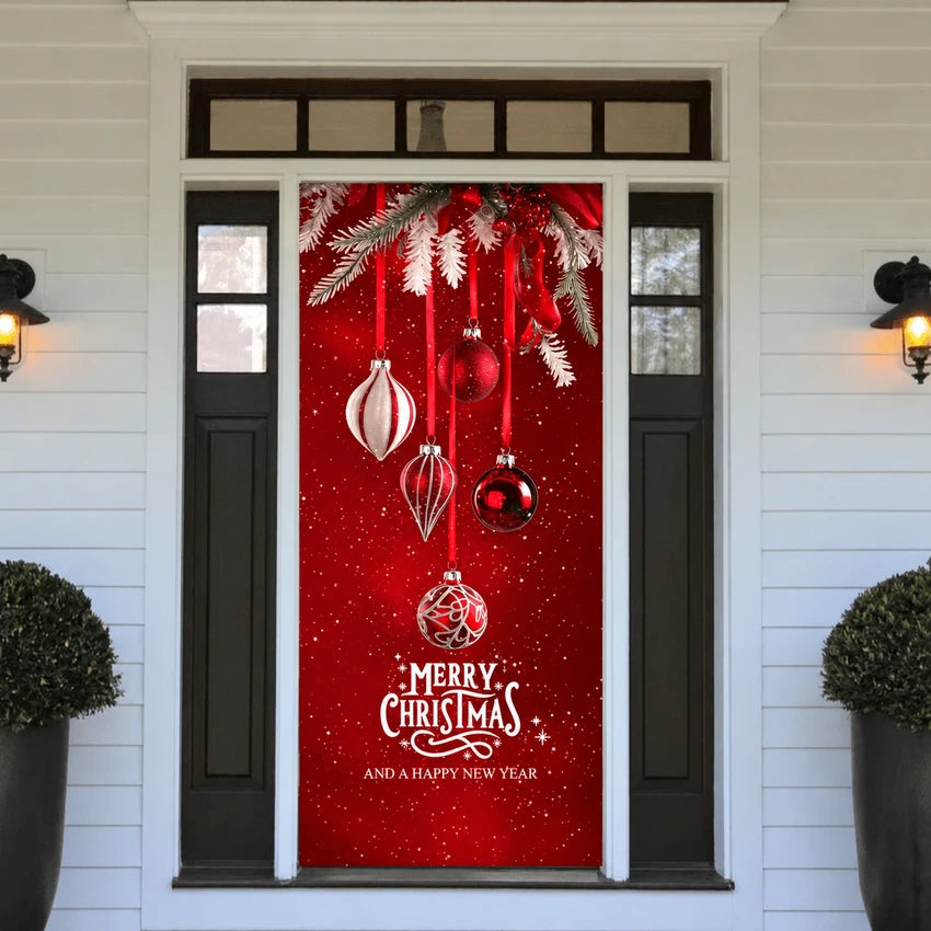 Christmas Ornaments front door cover on a light-colored entrance.