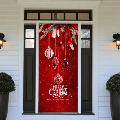 Christmas Ornaments front door cover on a light-colored entrance.
