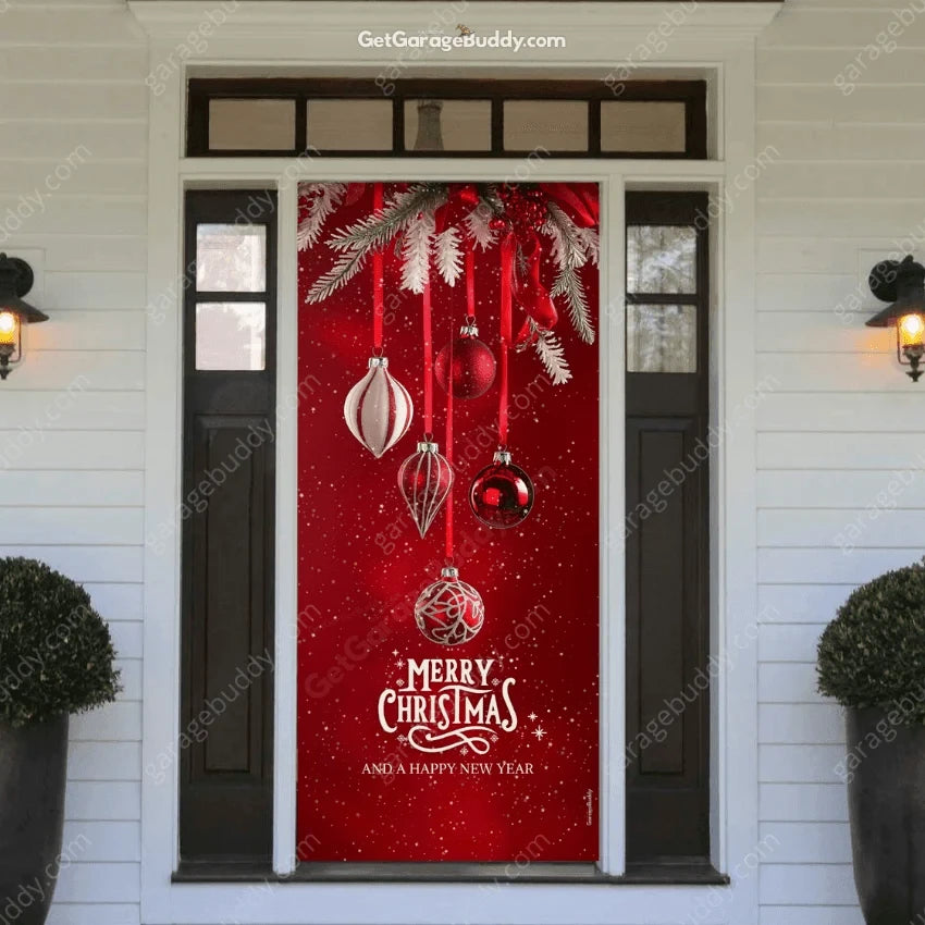 Christmas Ornaments front door cover on a light-colored entrance.