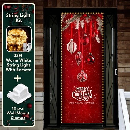 Christmas Ornaments front door cover on a brick entrance with optional string light kit illustrated.